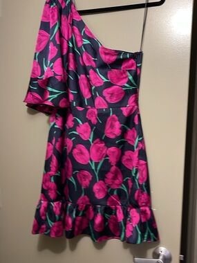 MELLODAY Navy Dress with Fuchsia Floral Print
